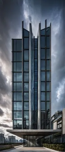 SSD architecture, modern building, sleek lines, glass walls, metal frames, angular rooftop, cityscape background, urban atmosphere, cloudy sky, dramatic lighting, low-angle shot, symmetrical compositi