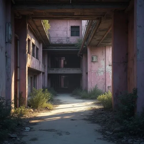 Brutalist architecture, abandoned building, industrial atmosphere, lilac walls, concrete floors, metal beams, exposed pipes, rough texture, urban decay, overgrown vegetation, dramatic lighting, cinema