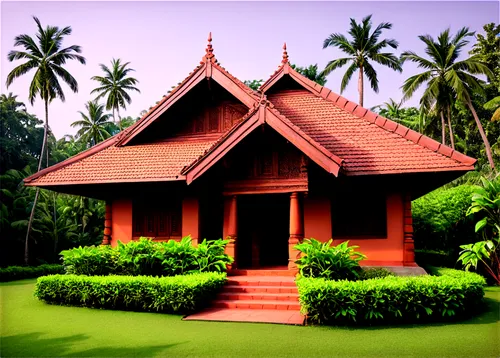 Traditional Kerala house, India, wooden architecture, intricate carvings, curved roof tiles, lush green surroundings, tropical plants, palm trees, warm natural light, 3/4 composition, shallow depth of