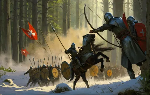 batalla medieval en medio del bosque, en la imagen central, un soldado medieval montado en caballo, con su casco lanza y escudo,germanic tribes,historical battle,cossacks,guards of the canyon,hunting 