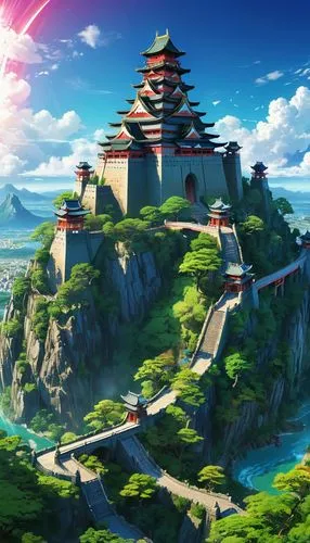 ancient city,summit castle,forteresse,meteora,japan landscape,fantasy landscape,skylands,cartoon video game background,tianxia,new castle,yashima,fantasy city,flying island,bird kingdom,landscape background,castel,kingdom,futuristic landscape,ghibli,maplestory,Illustration,Japanese style,Japanese Style 03