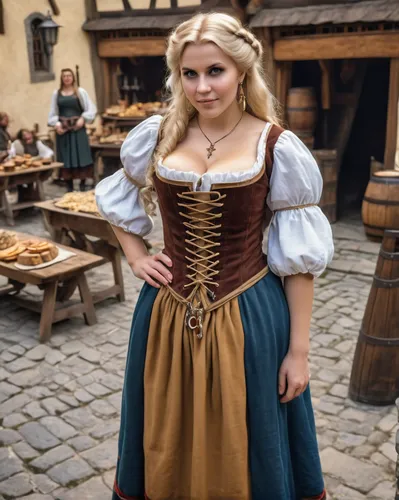 eye level shot of a blonde and curvy medieval tavern wench standing at a medieval market,  ultra-realistic,bavarian swabia,bavarian,apfelwein,barmaid,oktoberfest,oktoberfest celebrations,bavaria,watzm