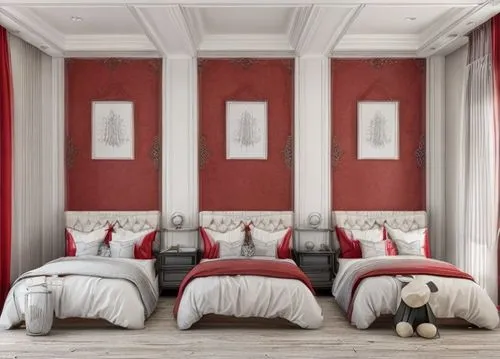 white walls.red and gray beds,venice italy gritti palace,bridal suite,interior decoration,red milan,buffalo plaid red moose,boutique hotel,christmas gold and red deco,stucco wall,sleeping room,red che