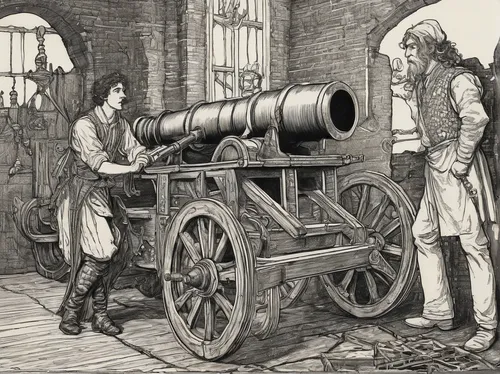 Create a humorous dialogue between two characters attempting to use a cannon oven.,tower flintlock,spotting scope,cannon oven,vintage ilistration,telescope,camera illustration,astronomer,optical instr