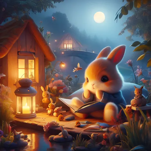 children's background,mid-autumn festival,night scene,fairy tale character,fairy village,peter rabbit,children's fairy tale,fairy house,game illustration,cute cartoon image,little fox,fairy tale,fairy