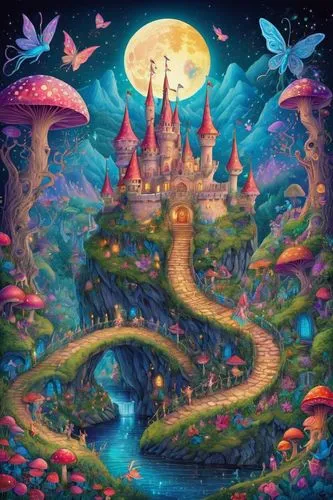 fairy world,fairy village,fairy tale castle,fantasy world,fantasy city,fantasy landscape,fairytale castle,fairy forest,magical adventure,wonderland,3d fantasy,fantasy picture,dream world,fairy tale,a fairy tale,fairy chimney,children's fairy tale,fantasy art,mushroom landscape,fairy house,Illustration,Realistic Fantasy,Realistic Fantasy 02