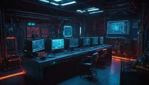 Cyberpunk scene, futuristic laboratory, hazards warning signs, complex computer architecture, motherboard, CPU, GPU, RAM, circuits, wires, microchips, robotics, mechanical arms, futuristic screens, ho