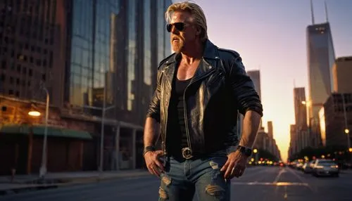 Muscular man, AI Garry Busey, 40s, rugged beard, messy short hair, aviator sunglasses, leather jacket, black tank top, ripped jeans, boots, standing, confident pose, city street, skyscraper, sunset, w