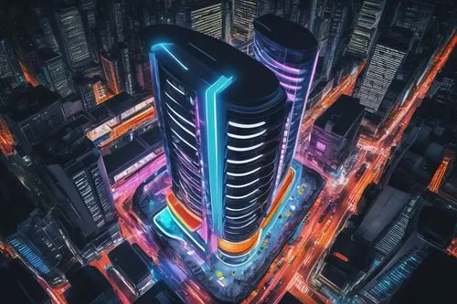 Modern skyscraper, cityscape, nighttime, bright neon lights, 3D futuristic architectural design, sleek lines, geometric shapes, glass walls, steel frames, LED lights, holographic screens, coding inter