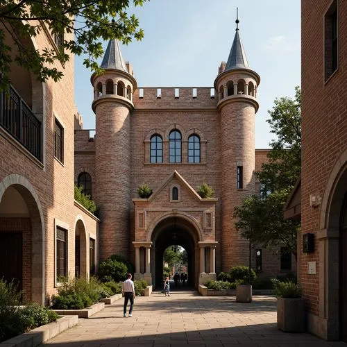 Rustic medieval castle, rugged stone walls, ornate brick arches, grandiose entrance gates, intricate carvings, weathered brick facades, robust columns, vaulted ceilings, stained glass windows, dramati