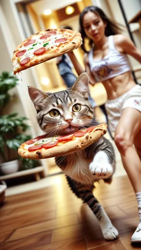 cat standing on legs trying to eat two pieces of pizza,pizza service,pizza supplier,pizzicato,pizza,pizza topping,fast food