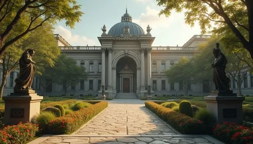 Classical school building, incorporating bronze materials, grand entrance, ornate bronze door handles, intricate bronze lanterns, majestic bronze statues, classicist architecture, stone columns, arche