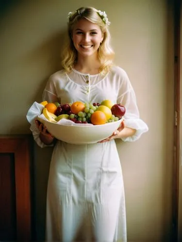 And so the light blonde young lady came towards me as God created her, radiantly beautiful, smiling and young, and on her hands she carried the most amazing filled fruit bowl I have ever seen.,a beaut