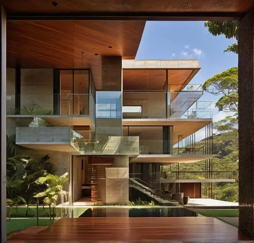 modern tropical case study house architecture, Puerto Rico, meditation architecture of brazilian architect Marcio Kogan, modern, realistic, corten steel, concrete, wood, award winning perspective, raw