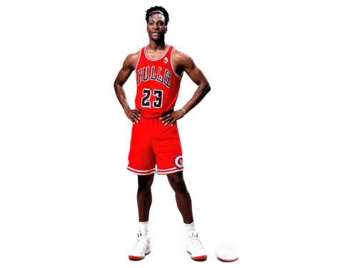 Michael Jordan, basketball legend, standing pose, confident smile, athletic build, black hair, piercing eyes, iconic Jumpman logo on chest, red and black Chicago Bulls jersey, white sneakers, muscular