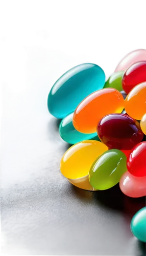 Transparent background, jelly bean themed, colorful, rounded shapes, shiny surface, soft focus, pastel colors, tiny highlights, macro shot, shallow depth of field, warm lighting, playful composition.,