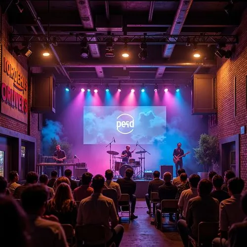 Vibrant music venue, neon-lit stage, electric guitar, drum set, soundboards, colorful spotlights, dimly lit audience, urban nightlife, industrial architecture, exposed brick walls, metallic accents, r