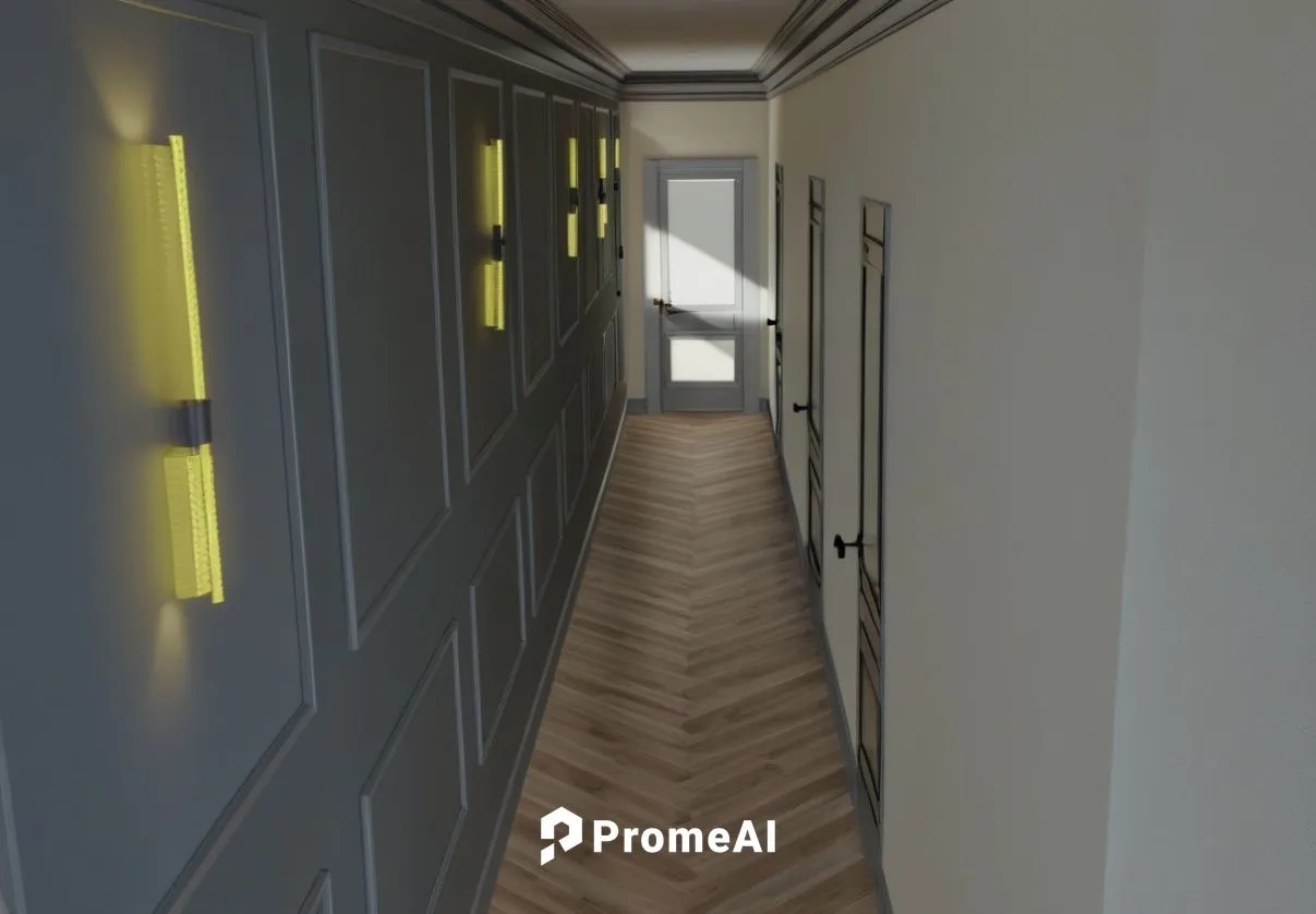 give me a detailed rendering by putting the entire wall on the left dark gray and the one on the right white and the lamps on the left emitting light,hallway space,hallway,3d rendering,walk-in closet,