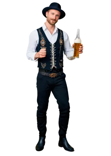 German man, strong facial features, blue eyes, short blond hair, slight beard, white shirt, dark leather pants, black boots, Bavarian hat, holding beer mug, standing with crossed legs, traditional Ger