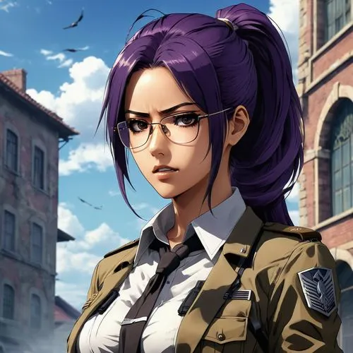 Create an anime-style digital artwork featuring a character that looks like Hange from Attack on Titan. The character should have dark purple hair in a messy ponytail, a black eyepatch over the right 