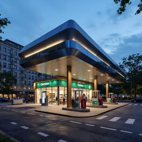 Functional gas station, modern architecture, sleek metallic facade, LED signage, fuel pumps, payment terminals, convenience store, food and beverages, seating areas, restrooms, vending machines, air c