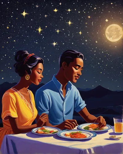 romantic dinner,dinner for two,romantic night,honeymoon,black couple,date night,the moon and the stars,huevos divorciados,ramadan,rendang,pandesal,astronomers,candle light dinner,bahian cuisine,ramadan background,dining,date,filipino cuisine,romantic scene,diner,Illustration,Retro,Retro 02