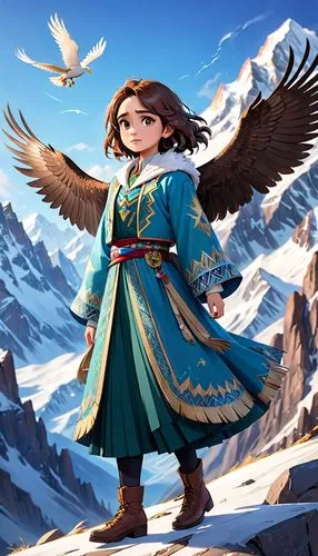 mongolian eagle,inca dove,eagle illustration,flying girl,gryphon,dove of peace,the spirit of the mountains,mountain spirit,harpy,mountain hawk eagle,pamir,mongolian,falconer,heroic fantasy,the pamir mountains,falconry,eagle,steppe eagle,little girl in wind,peregrine,Anime,Anime,Cartoon