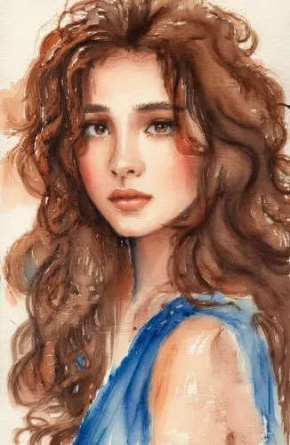 棕色微卷发，水彩,a girl in a blue dress in watercolor,merida,margaery,eponine,margairaz,krita,digital painting,Illustration,Paper based,Paper Based 25