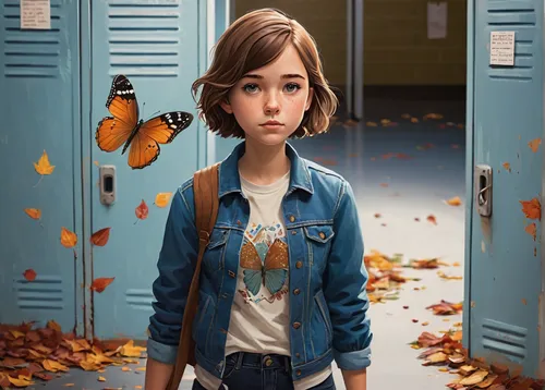 eleven,clementine,kids illustration,girl walking away,jean jacket,vanessa (butterfly),worried girl,agnes,cute cartoon image,cute cartoon character,girl in t-shirt,butterfly isolated,nora,julia butterfly,girl in a long,girl with bread-and-butter,photoshop manipulation,world digital painting,digital compositing,lori,Illustration,Abstract Fantasy,Abstract Fantasy 05