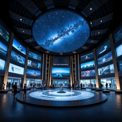 Futuristic planetarium, high-tech interior design, dark starry night sky, immersive dome-shaped ceiling, sleek metallic walls, glass floors, interactive exhibits, virtual reality stations, eco-friendl