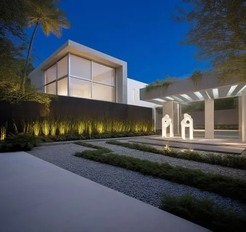 Diseño exterior de una casa moderna estilo minimalista combinando muros de color blanco con muros de tabique aparente, herrería de aluminio con cristal, fotografía hiperrealista, fotografía arquitectó