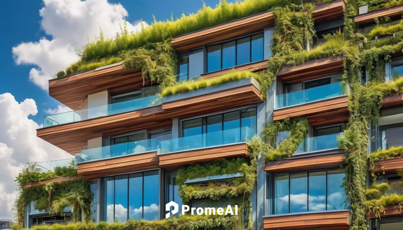 Eco-friendly building, modern sustainable architecture, green roof, solar panels, recycling symbol on facade, natural materials, wooden accents, living walls with vines, energy-efficient windows, mini