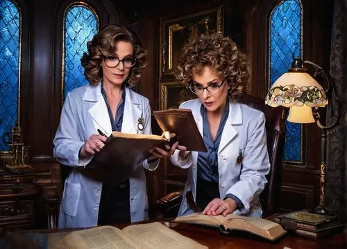 Dr. Orchid Clue, mature lady, detective, solo, (40yo), curly brown hair, glasses with thick frame, elegant makeup, white lab coat, blue blouse, black high-waisted pants, black heels, holding magnifyin