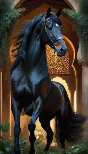 night, gardens in an arabian palace, a black horse in the darkness, it's mane fluttering in the wind,black horse in an arch with green plants around it,black horse,frison,cheval,arabian horse,lusitano