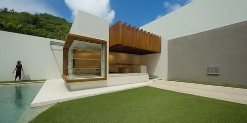 DISEÑO DE UNA PALAPA  ESTILO MINIMALISTA, CON PERGOLAS DE CONCRETO, ELEMENTOS PARA SOMBRE, LOSA DE CONCRETO CON CANAL DE ACERO, CANCELES DE ALUMINIO CON CRISTAL, MURO CASCADA CON ESPEJO DE AGUA,the mo