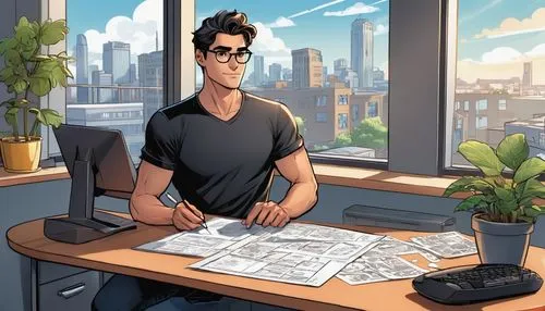 modern office,office worker,pixton,blur office background,shadman,oscorp,mossler,paperwork,man with a computer,freelancer,in a working environment,bookkeeper,work from home,telecommute,dilton,accountant,telecommuters,riddlesworth,koth,abed,Illustration,American Style,American Style 13