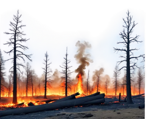 Forest fire, blazing flames, orange yellow smoke, burning trees, charred trunks, scattered ashes, evening sky, warm lighting, panoramic view, cinematic composition, shallow depth of field, intense atm