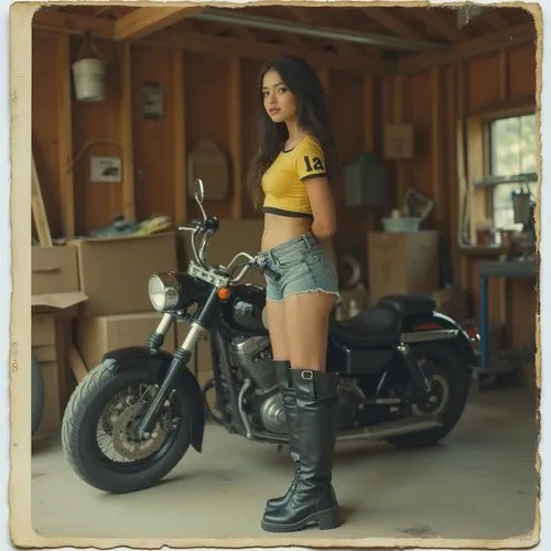 The image shows a young woman posing with a motorcycle in what appears to be a wooden garage or workshop. She is wearing a yellow crop top with black trim, high-waisted denim shorts, and tall black bo