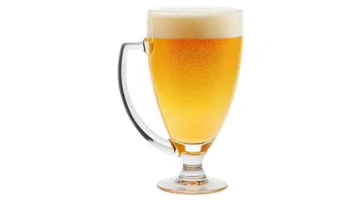 Transparent beer glass, slender shape, condensation droplets, frosty texture, golden beer liquid, creamy foam top, rounded handle, reflective surface, soft lighting, shallow depth of field, close-up s