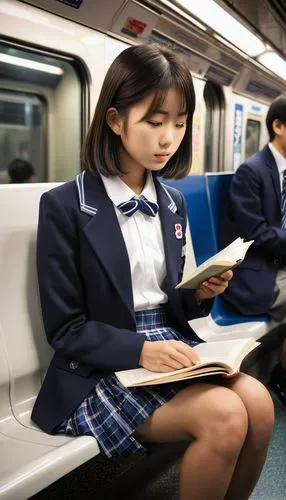 
a Japanese high school girl sitting on a subway seat, engrossed in reading a book, captured in profile view. She is wearing her school uniform, which consists of a blazer and pleated skirt. The subwa