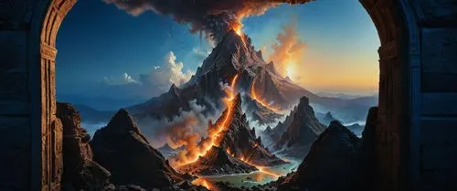 fire in the mountains,erebor,door to hell,fire background,tirith,fantasy picture