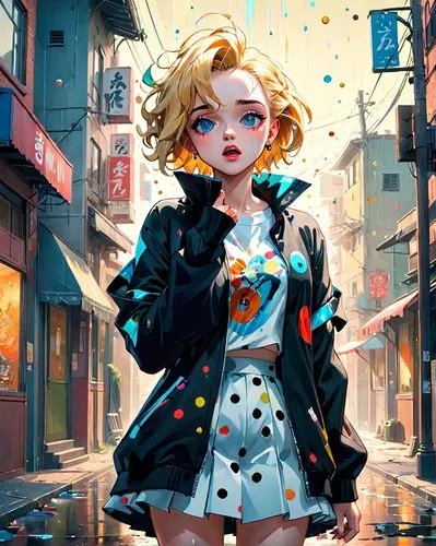 world digital painting,transistor,harajuku,girl with speech bubble,city ​​portrait,jacket,vector girl,fashionable girl,digital painting,retro girl,rockabella,cg artwork,blonde girl,walking in the rain,rainy,lux,nora,digital illustration,eleven,digital art,Anime,Anime,Traditional