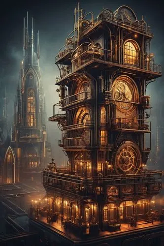 orchestrion,steampunk,magorium,clockmaker,gold castle,metropolis,fantasy city,antiquorum,odditorium,dictionarium,ancient city,3d fantasy,clocktower,obscura,grandfather clock,instrumentarium,steampunk gears,imaginarium,automatique,clockmakers,Illustration,Realistic Fantasy,Realistic Fantasy 13