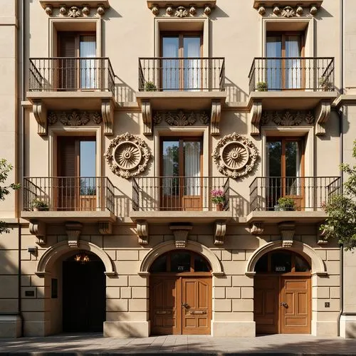 Ornate Renaissance-style facade, symmetrical composition, ornamental stone carvings, intricate stucco decorations, grand entranceways, heavy wooden doors, decorative metalwork, balconies with baluster