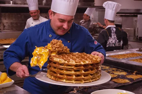 Describe a waffle stomping competition between chefs from around the world, showcasing their unique flavors and toppings.,egg waffles,waffles,waffle iron,belgian waffle,liege waffle,waffle hearts,waff