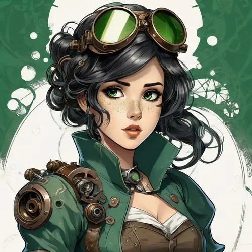 steampunk,steampunk gears,ying,aviator,marina,lady medic,game illustration,pilot,vintage girl,park ranger,fighter pilot,scout,vector girl,mechanic,biologist,marie leaf,jade,illustrator,emerald,background ivy,Conceptual Art,Fantasy,Fantasy 25