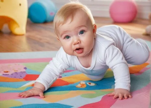 Baby, diaper, crawling, chubby legs, soft skin, adorable facial expression, curious eyes, blonde hair, few baby teeth, white onesie, colorful toys scattered around, playmat, wooden floor, warm sunligh