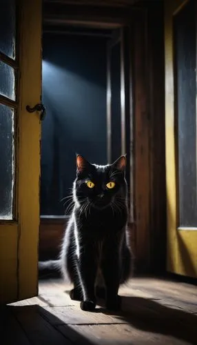 angry black cat, hissing, sharp teeth, glowing yellow eyes, fluffy fur, standing on hind legs, arched back, claws out, midnight darkness, moonlight shining through window, creepy atmosphere, old woode