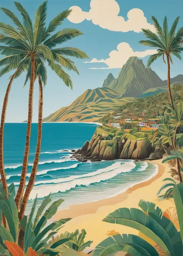 beach landscape,honolulu,hawaii,tropical beach,oahu,coastal landscape,tropical sea,south pacific,tropics,beach scenery,travel poster,dream beach,tropic,caribbean beach,kauai,palmtrees,blue hawaii,coconut trees,tropical island,south seas,Art,Artistic Painting,Artistic Painting 50