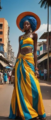 Lagos cityscape, modern skyscrapers, busy streets, crowded marketplaces, African cultural elements, vibrant colors, traditional clothing, Afro hair, dark skin tone, warm sunny weather, bright blue sky